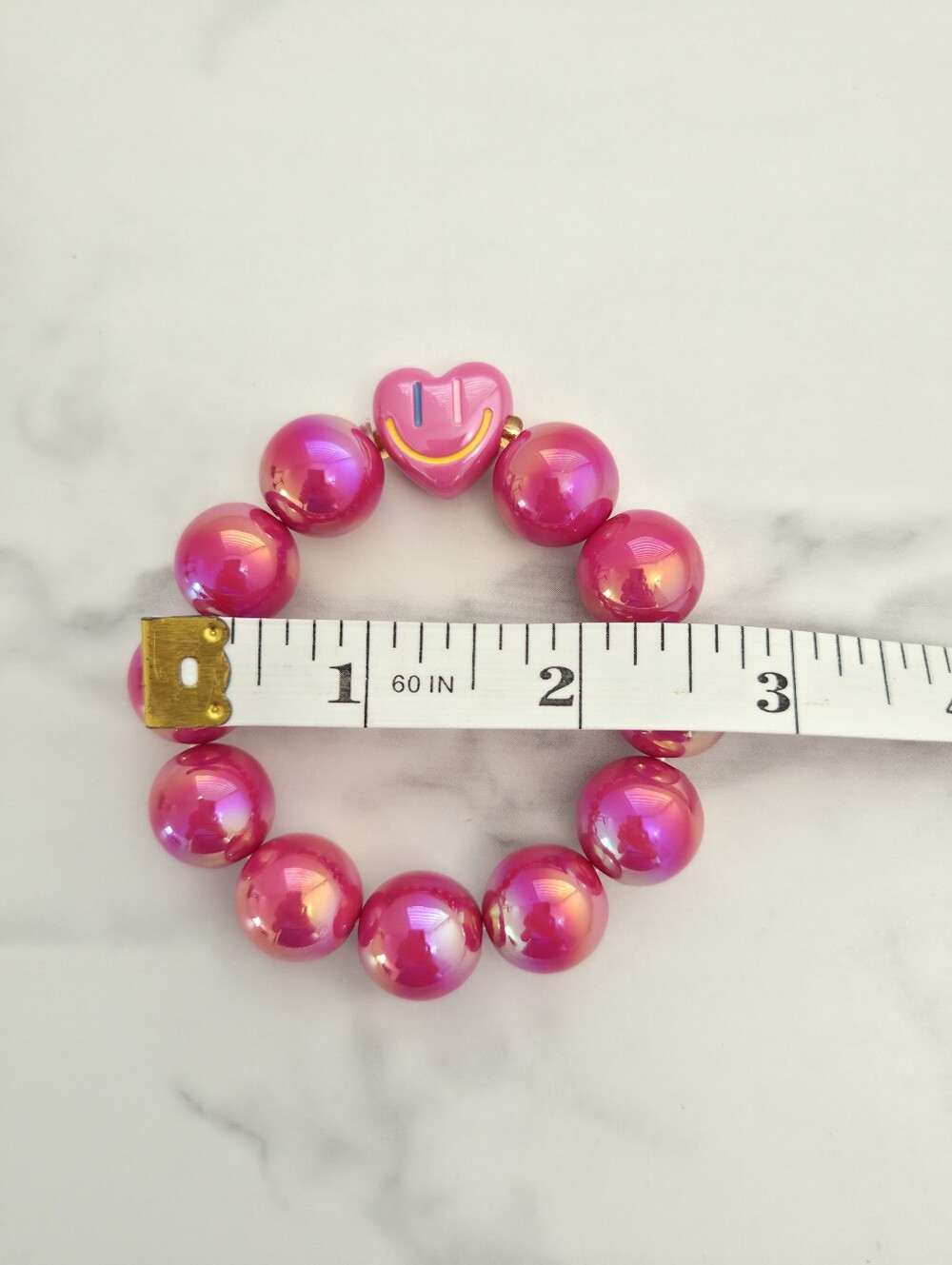 Chunky Hot Pink Iridescent Beaded Bracelet Heart Smile Charm Stretch - Picture 12 of 12